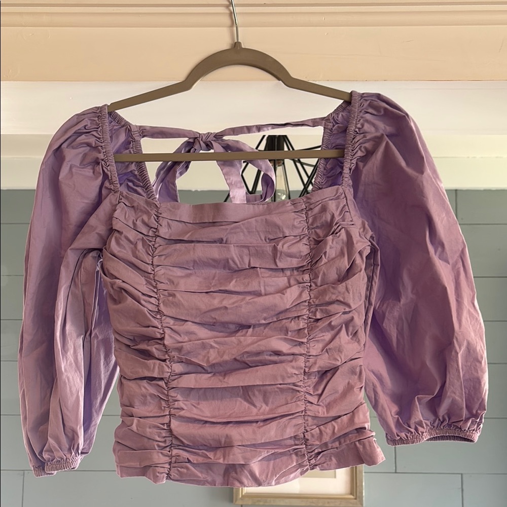 WAYF Gathered Puff Sleeve Stretch Cotton Top
